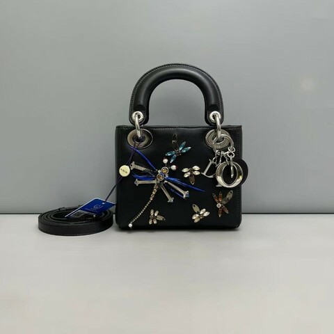 Dior 黑色全皮刺繡蜻蜓限量三格戴妃包