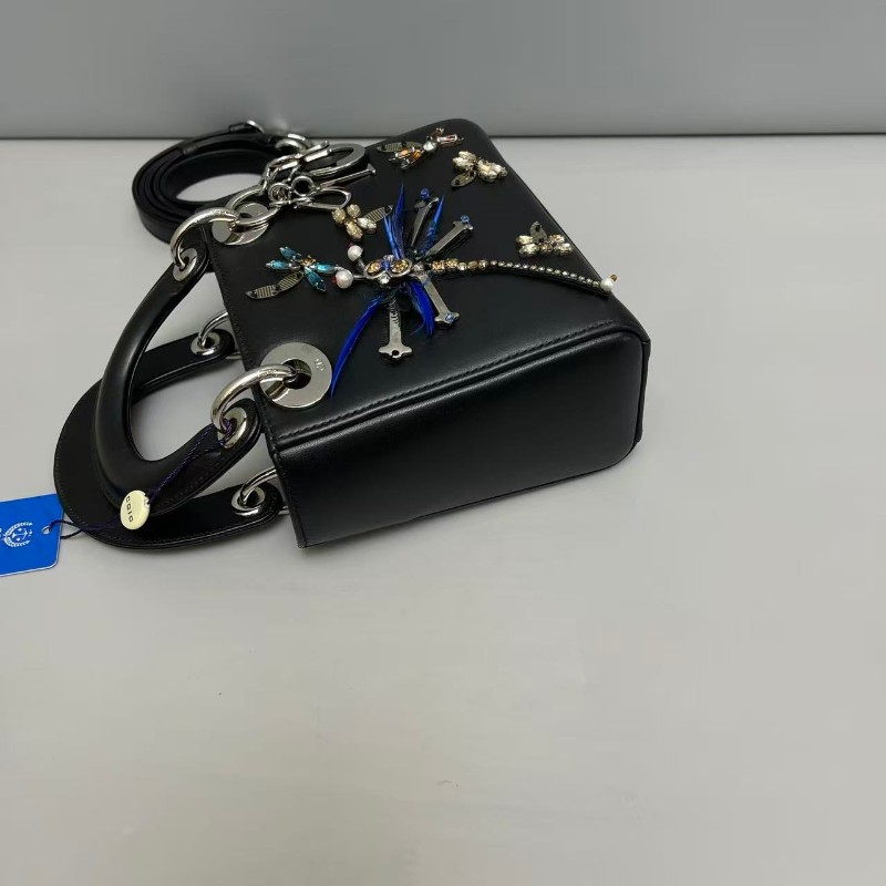 Dior 黑色全皮刺繡蜻蜓限量三格戴妃包-2
