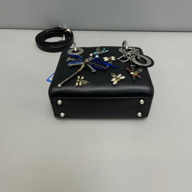 Dior 黑色全皮刺繡蜻蜓限量三格戴妃包-3