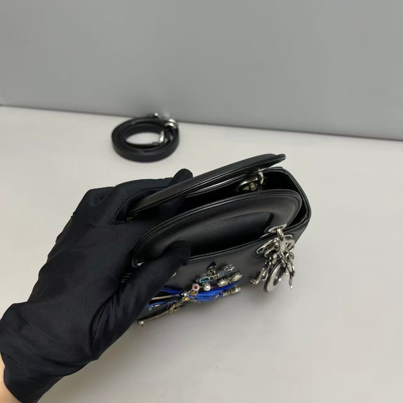 Dior 黑色全皮刺繡蜻蜓限量三格戴妃包-6