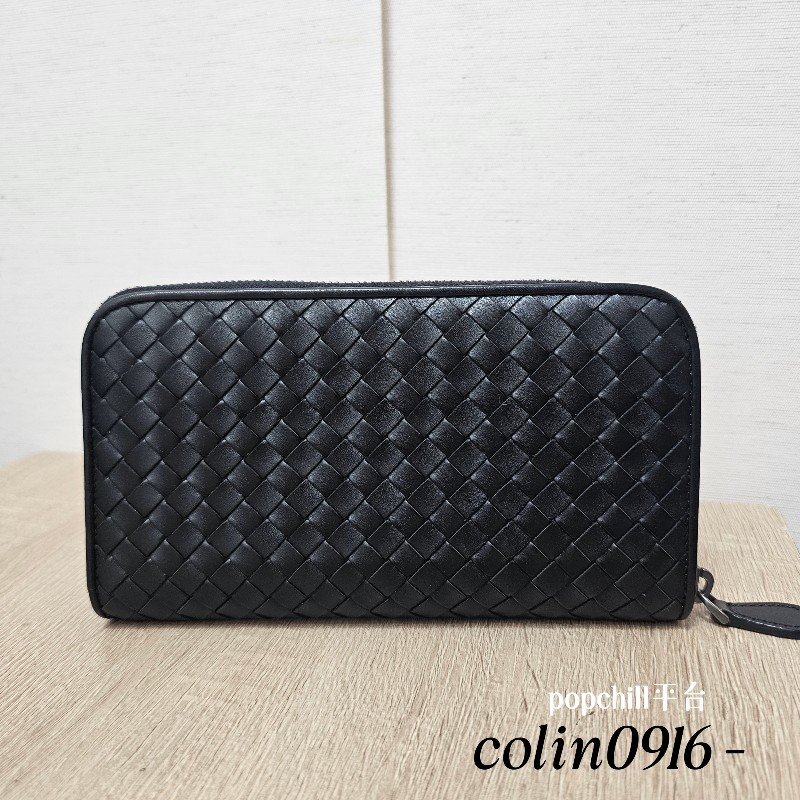[專櫃半價❣️好物] BV黑皮革小編織黑釦拉鏈長夾-0