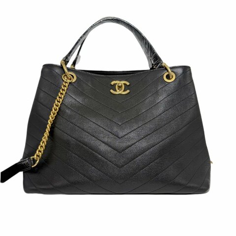 【2489】香奈兒 Chanel Chevron Quilted Flap 手提斜挎包 黑色 牛皮 大號