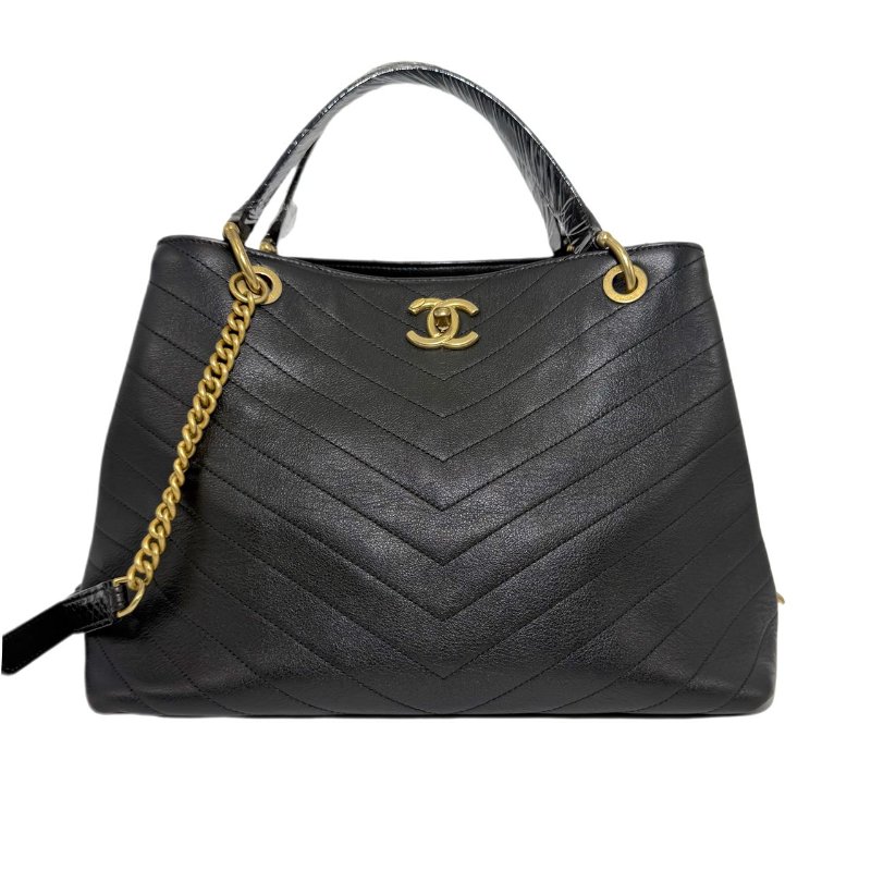 【2489】香奈兒 Chanel Chevron Quilted Flap 手提斜挎包 黑色 牛皮 大號-0