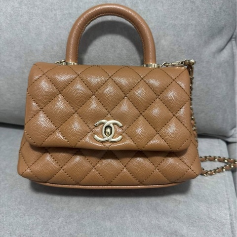 全配（盒袋卡標&購證）香奈兒Chanel COCO handle mini焦糖色荔枝皮淡金扣