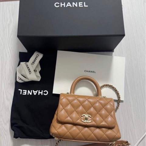 全配（盒袋卡標&購證）香奈兒Chanel COCO handle mini焦糖色荔枝皮淡金扣