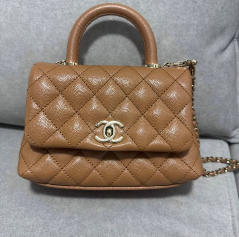全配（盒袋卡標&購證）香奈兒Chanel COCO handle mini焦糖色荔枝皮淡金扣-1