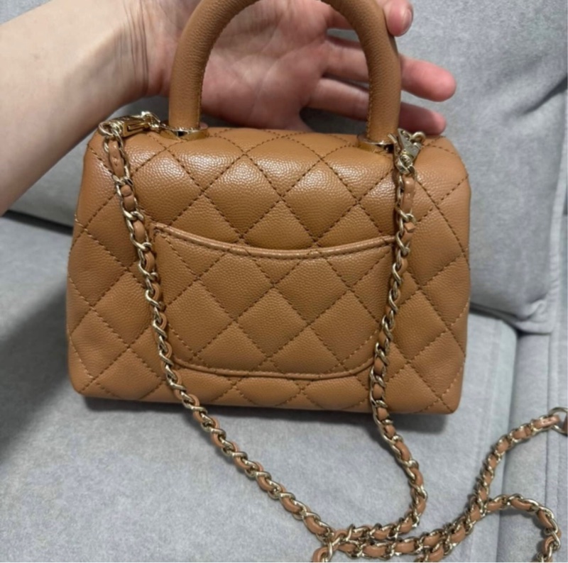 全配（盒袋卡標&購證）香奈兒Chanel COCO handle mini焦糖色荔枝皮淡金扣-2