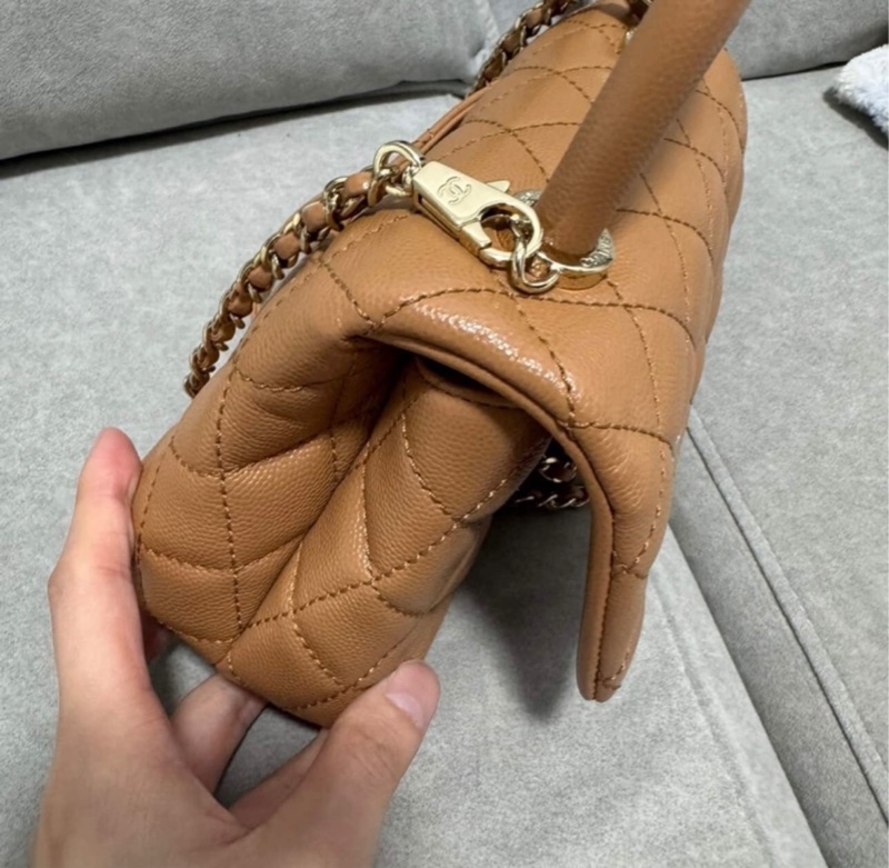 全配（盒袋卡標&購證）香奈兒Chanel COCO handle mini焦糖色荔枝皮淡金扣-3