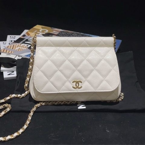 Chanel 22 Vanity Bag 白色貝殼包，荔枝紋牛皮，有塵袋