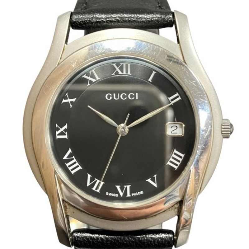 Gucci 5500M 石英腕錶，黑色錶盤，附日期顯示，男士真皮錶帶-0