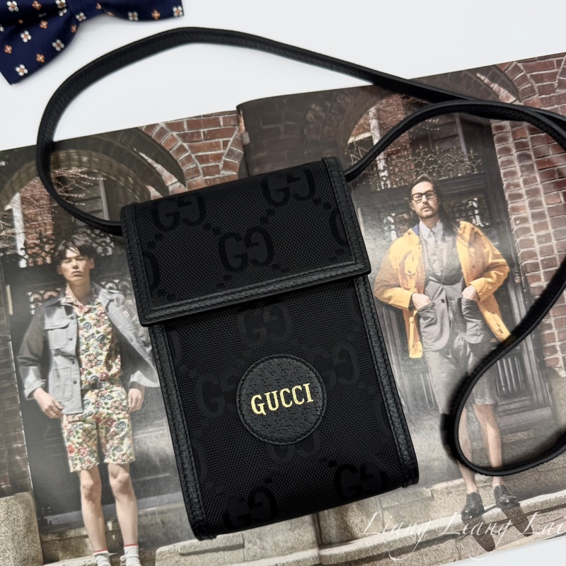 GUCCI 古馳 GG 黑色緹花布皮邊手機包｜斜背包-0