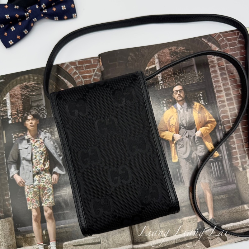 GUCCI 古馳 GG 黑色緹花布皮邊手機包｜斜背包-1