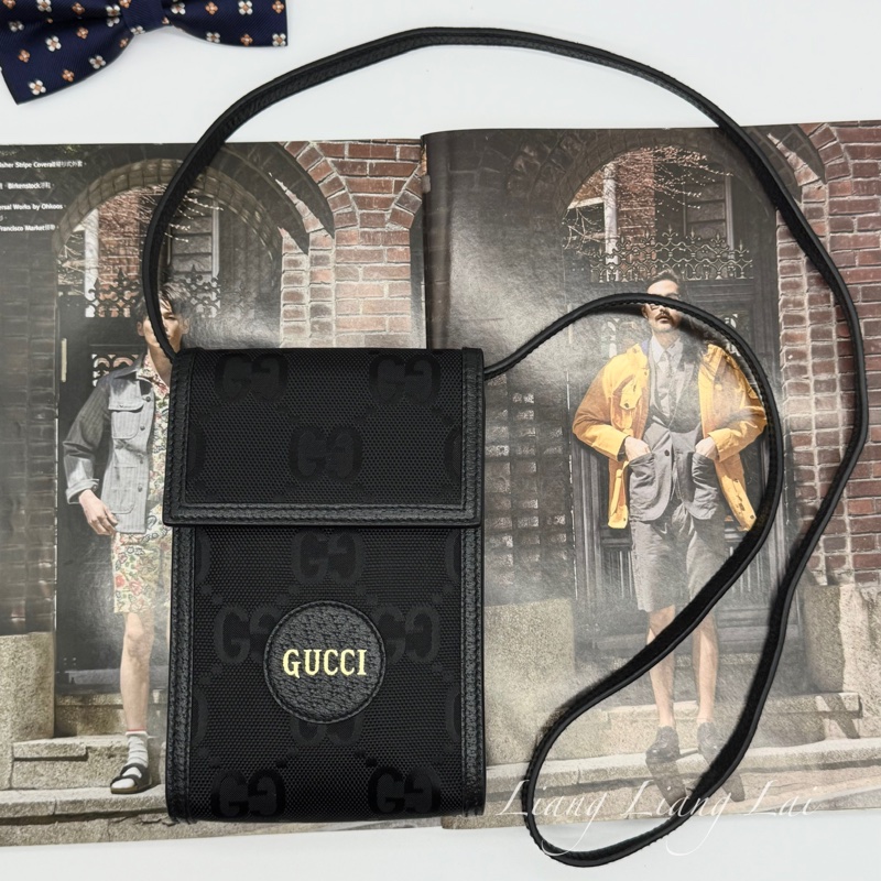 GUCCI 古馳 GG 黑色緹花布皮邊手機包｜斜背包-4