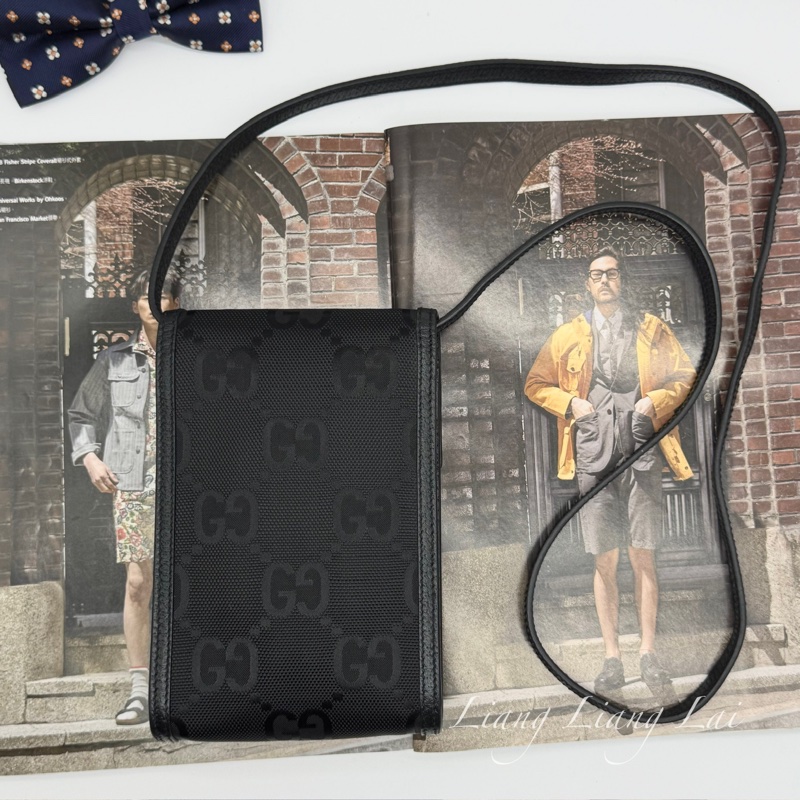 GUCCI 古馳 GG 黑色緹花布皮邊手機包｜斜背包-5