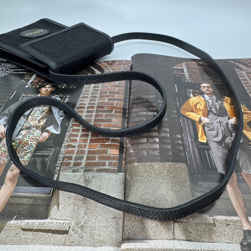 GUCCI 古馳 GG 黑色緹花布皮邊手機包｜斜背包-11