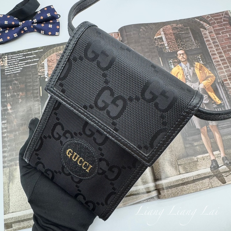 GUCCI 古馳 GG 黑色緹花布皮邊手機包｜斜背包-14