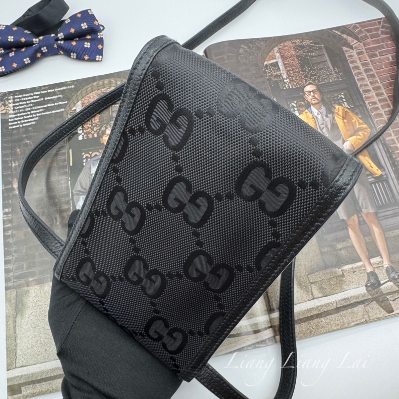 GUCCI 古馳 GG 黑色緹花布皮邊手機包｜斜背包-15