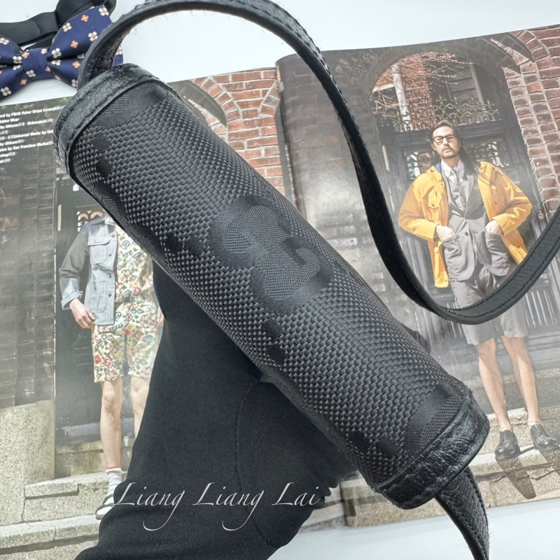 GUCCI 古馳 GG 黑色緹花布皮邊手機包｜斜背包-16