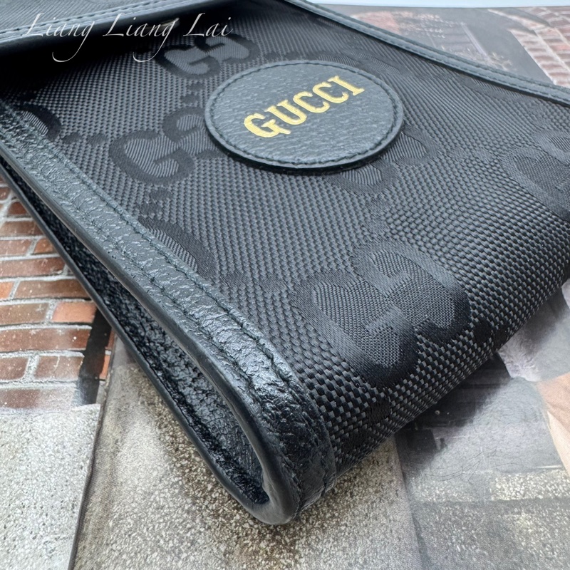 GUCCI 古馳 GG 黑色緹花布皮邊手機包｜斜背包-21