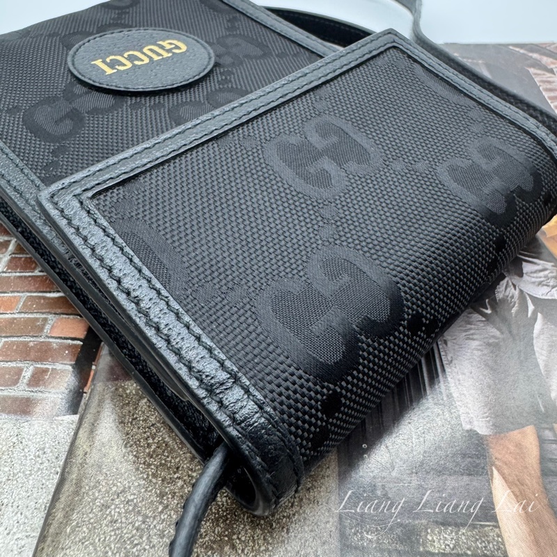 GUCCI 古馳 GG 黑色緹花布皮邊手機包｜斜背包-22