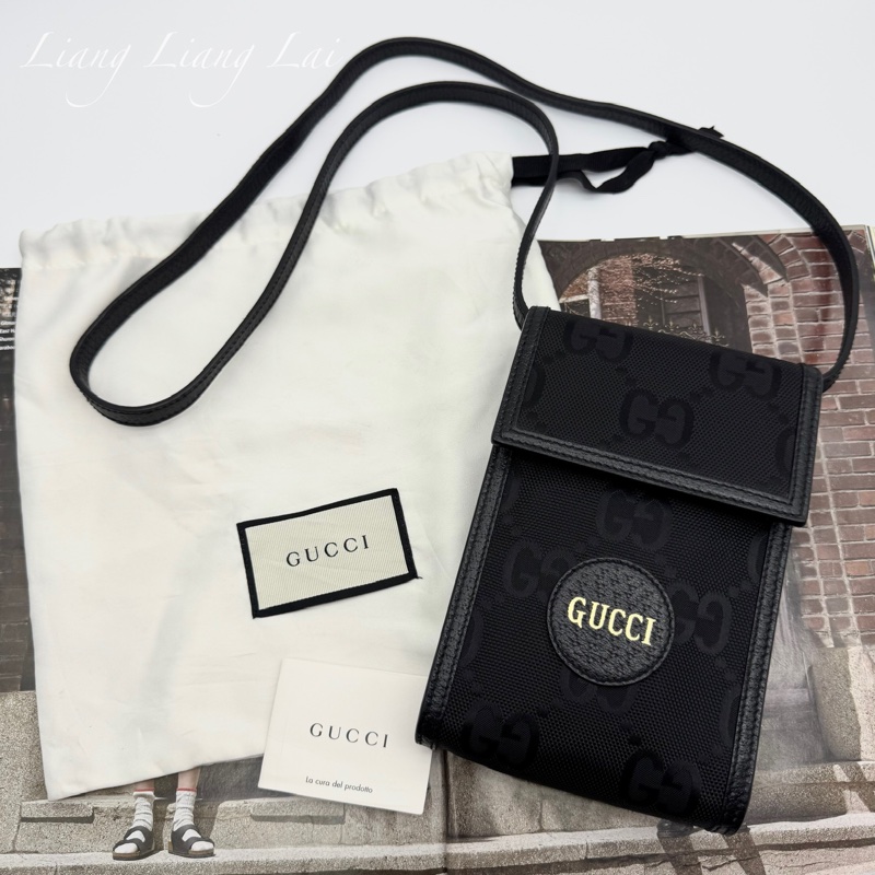 GUCCI 古馳 GG 黑色緹花布皮邊手機包｜斜背包-24