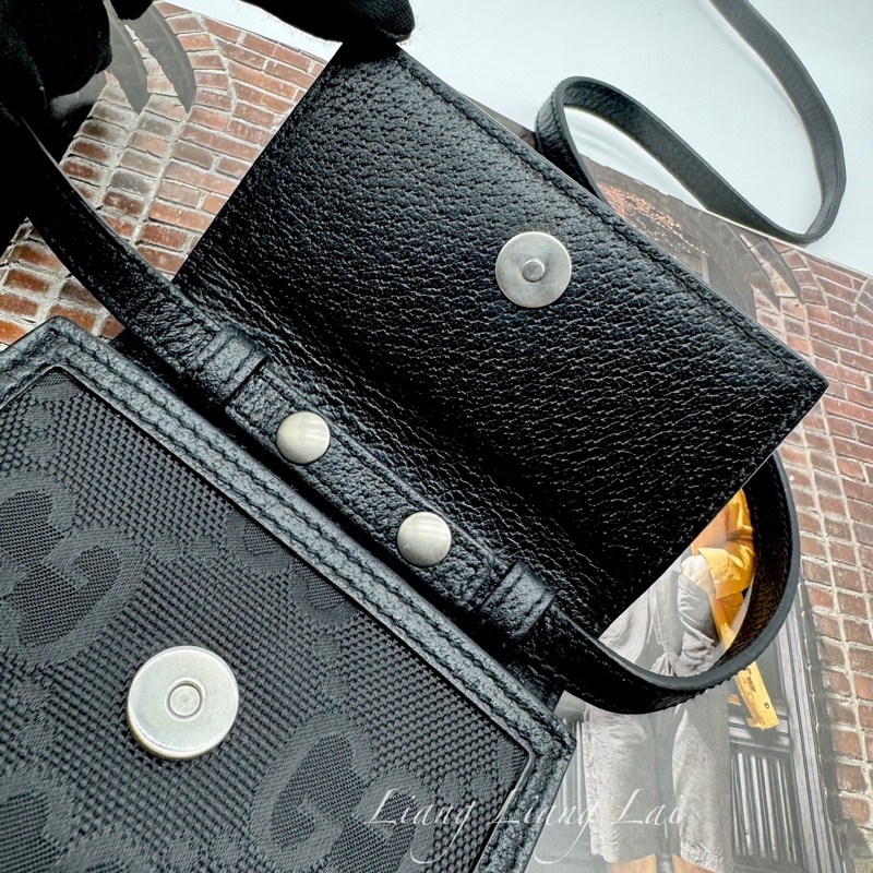 GUCCI 古馳 GG 黑色緹花布皮邊手機包｜斜背包-26