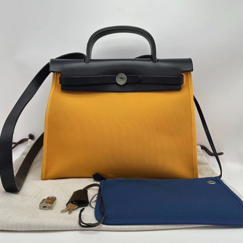 HERMES 帆布拼皮herbag31子母手提斜背包 31*25*11 98新配件塵袋鎖鑰匙-0