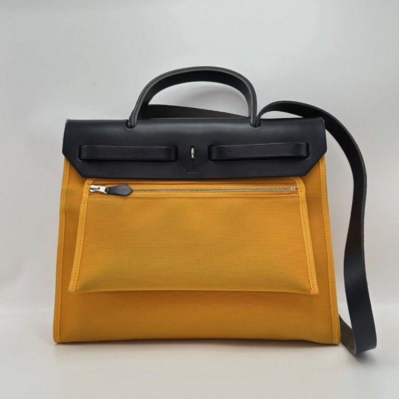 HERMES 帆布拼皮herbag31子母手提斜背包 31*25*11 98新配件塵袋鎖鑰匙-3