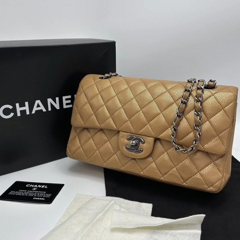 CHANEL 奶茶色銀扣荔枝牛CF中號肩背斜背包 98新配件盒子塵袋保卡-0