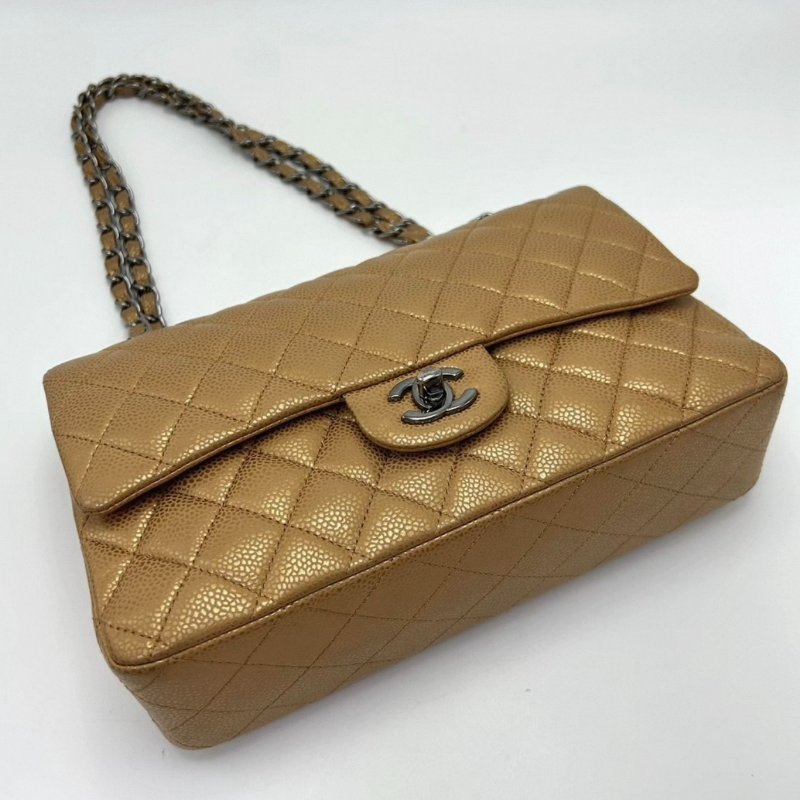 CHANEL 奶茶色銀扣荔枝牛CF中號肩背斜背包 98新配件盒子塵袋保卡-1