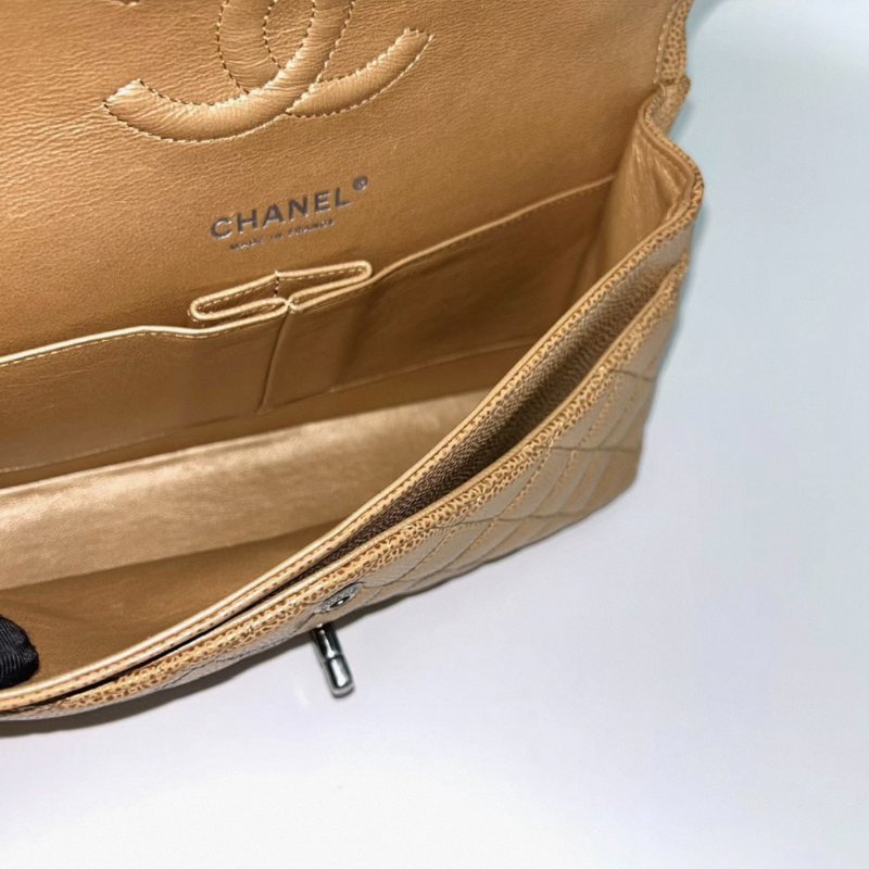 CHANEL 奶茶色銀扣荔枝牛CF中號肩背斜背包 98新配件盒子塵袋保卡-3