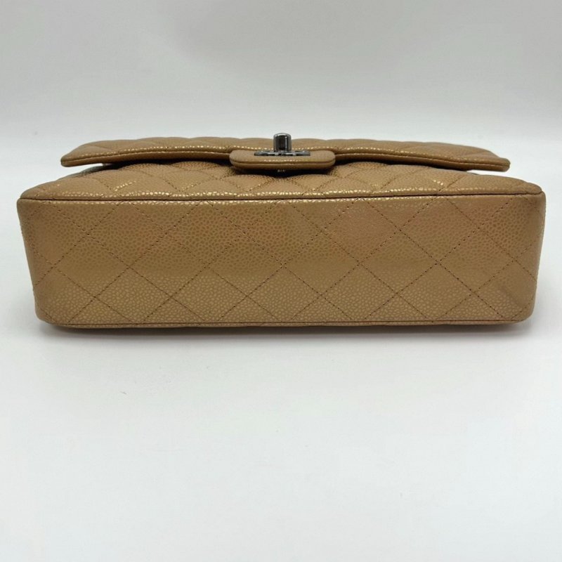 CHANEL 奶茶色銀扣荔枝牛CF中號肩背斜背包 98新配件盒子塵袋保卡-4