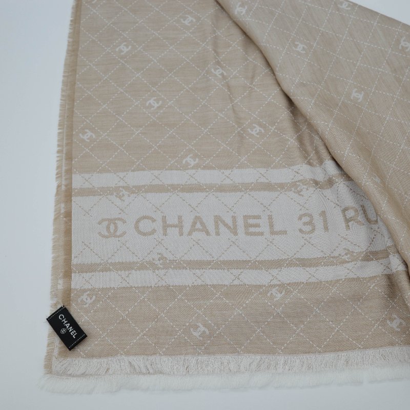Chanel 香奈兒 31康朋字樣菱格紋 奶茶色駝色 羊毛 披肩 圍巾-1