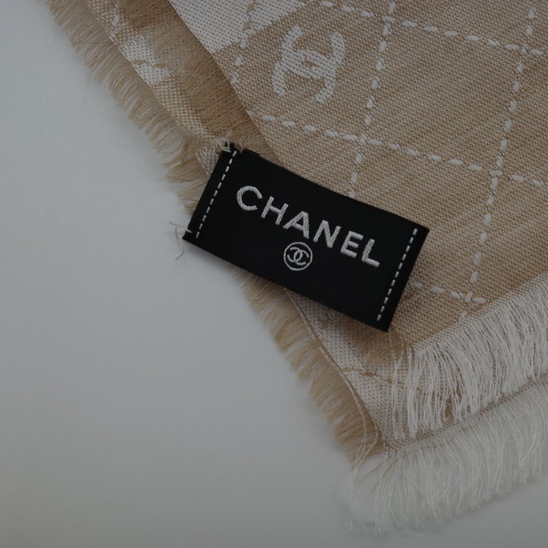 Chanel 香奈兒 31康朋字樣菱格紋 奶茶色駝色 羊毛 披肩 圍巾-5