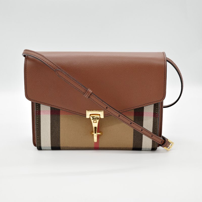 Burberry 巴寶麗 Macken 格紋金屬釦掀蓋 焦糖色 咖色 牛皮 郵差包 斜背包-1