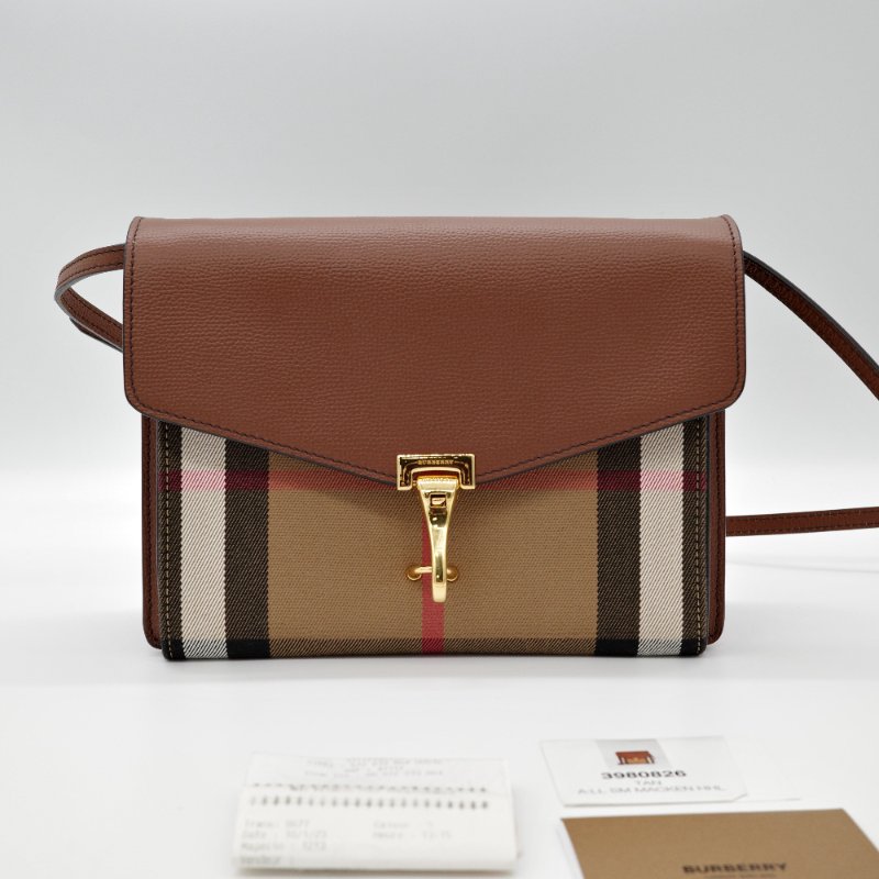 Burberry 巴寶麗 Macken 格紋金屬釦掀蓋 焦糖色 咖色 牛皮 郵差包 斜背包-4