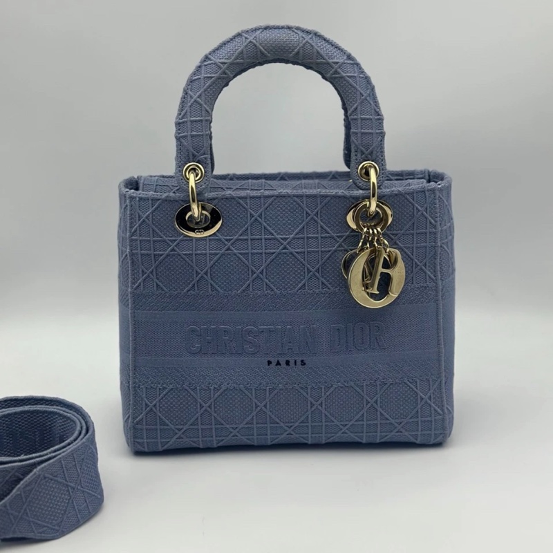 Christian Dior Lady D-Lite 中號手提單肩包 帆布 海軍藍-0