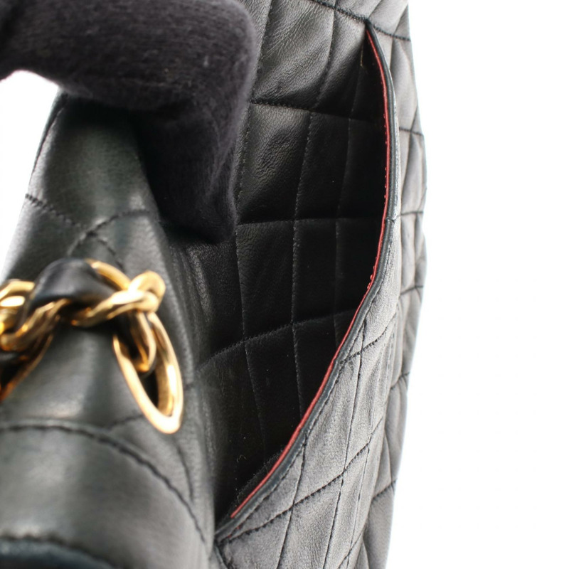 香奈兒 (CHANEL) Matelasse W 翻蓋鏈條單肩背包，羊皮材質，黑色，二手，金色五金，CC-5