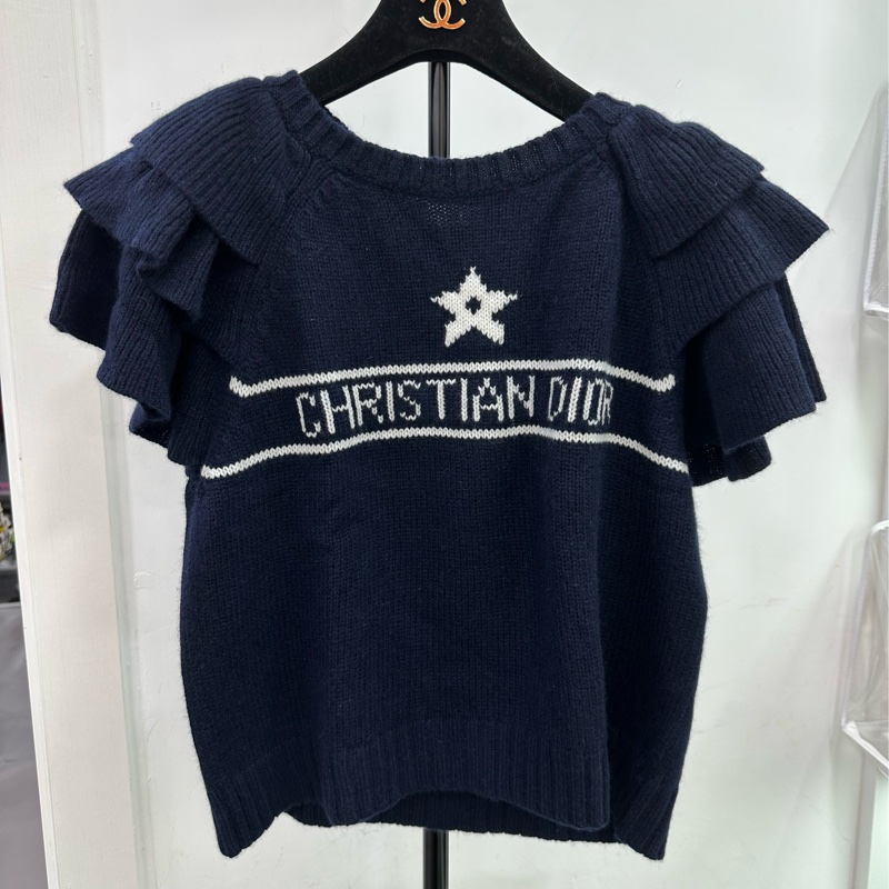 Dior 黑色幸運星荷葉邊羊絨針織短袖 F44-0