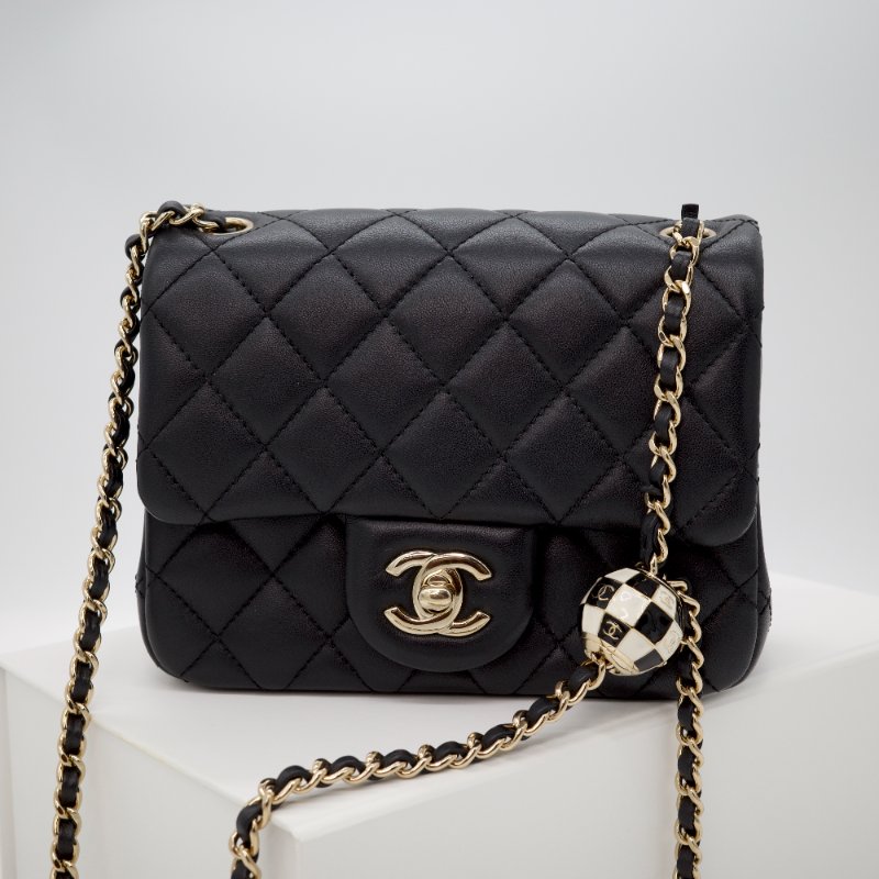 Chanel 香奈兒 2023 Mini Flap Bag 經典菱格紋 Pearl Crush方胖子 ⚽️足球金球 可調節鍊條 小牛皮 鏈條包 肩背包-4