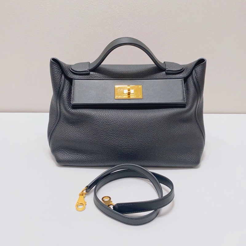 98新Hermes 爱马仕黑色2424-29小号金扣单肩包-8