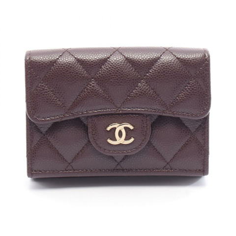 香奈兒經典小號翻蓋皮夾，絎縫皮革，波爾多紅，二手，金色五金，CC