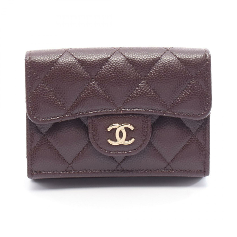 香奈兒經典小號翻蓋皮夾，絎縫皮革，波爾多紅，二手，金色五金，CC-0