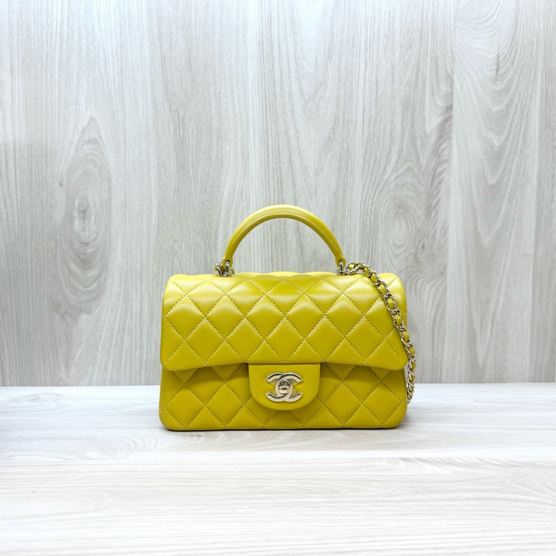 Chanel芥末黃羊皮淡金釦提把Coco20 AS2431-0