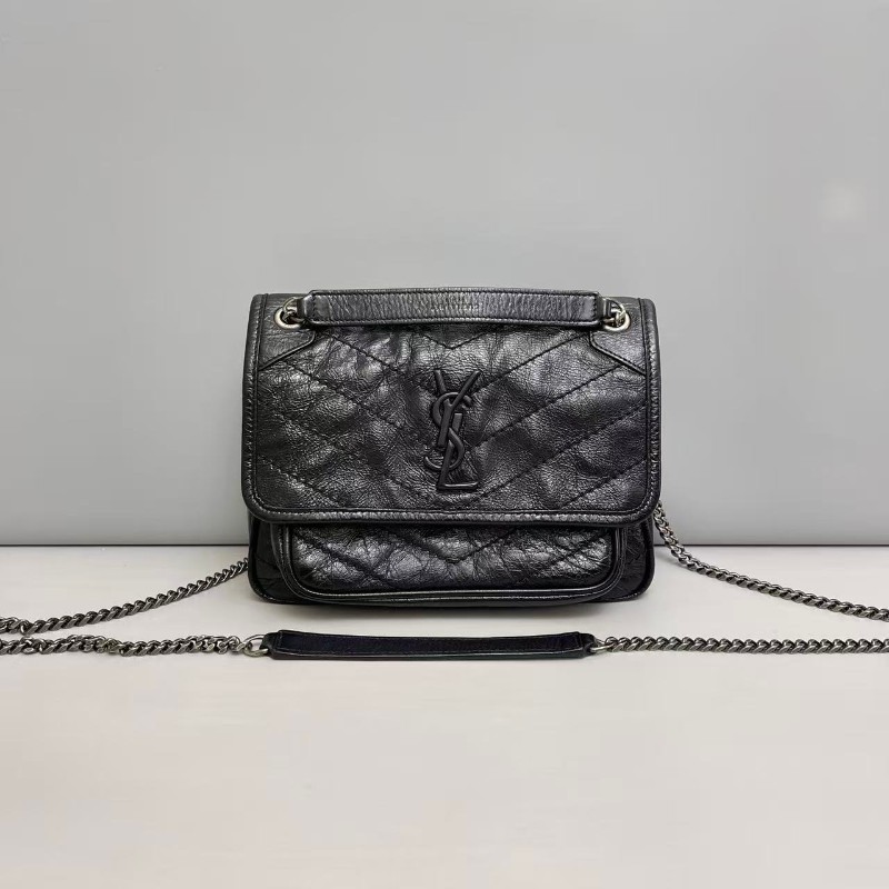 YSL Niki小號黑色全皮銀鏈郵差包 肩背包-0