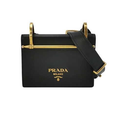 Prada 牛皮純色金屬字母Logo單肩包