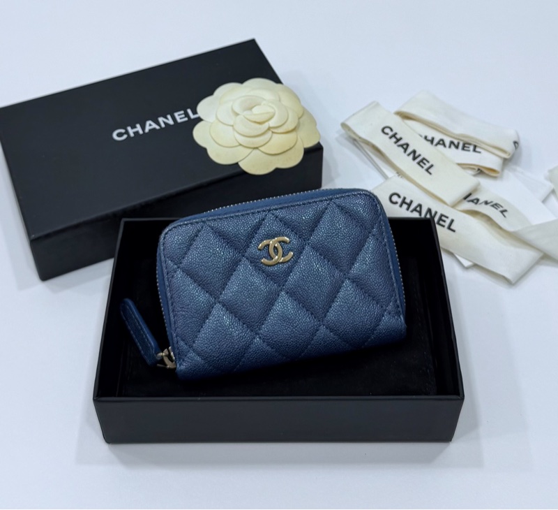 chanel 香奈兒 珠光藍  金釦 荔枝皮 魚子醬 卡夾 卡包 零錢包 錢包 皮夾 短夾 ㄇ字拉 ㄇ拉-0