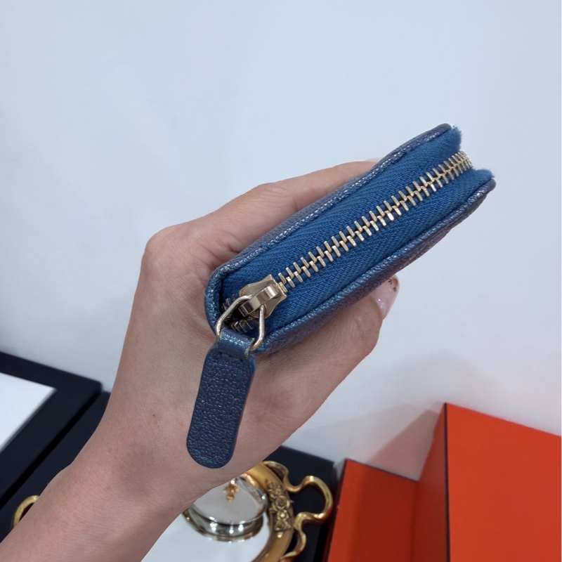 chanel 香奈兒 珠光藍  金釦 荔枝皮 魚子醬 卡夾 卡包 零錢包 錢包 皮夾 短夾 ㄇ字拉 ㄇ拉-2