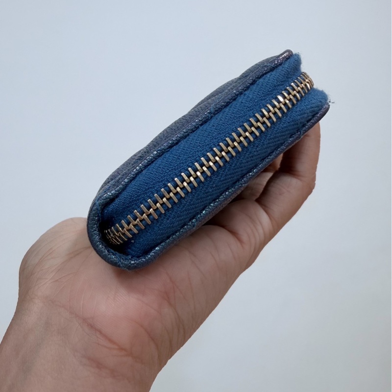 chanel 香奈兒 珠光藍  金釦 荔枝皮 魚子醬 卡夾 卡包 零錢包 錢包 皮夾 短夾 ㄇ字拉 ㄇ拉-3