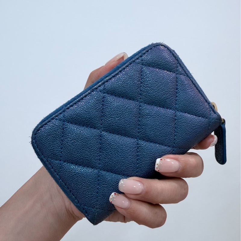 chanel 香奈兒 珠光藍  金釦 荔枝皮 魚子醬 卡夾 卡包 零錢包 錢包 皮夾 短夾 ㄇ字拉 ㄇ拉-4